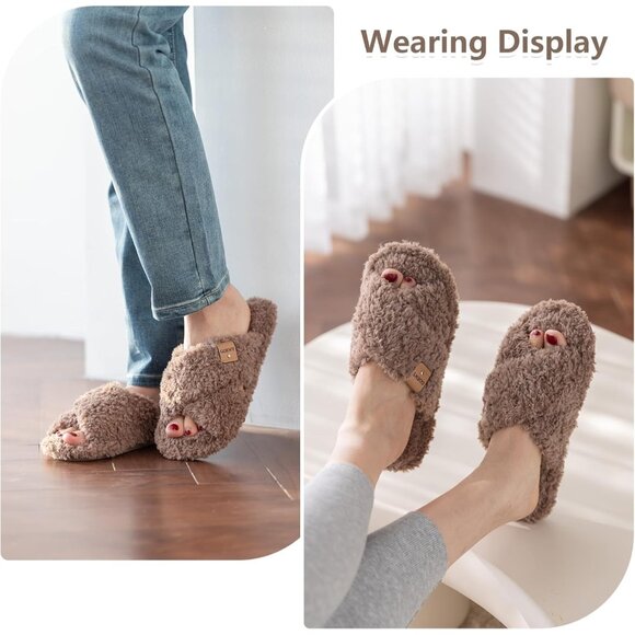 ⚡Women’s Brown Faux Fur Cozy Fuzzy Cross Band Slippers Indoor House Shoes - Picture 2 of 6